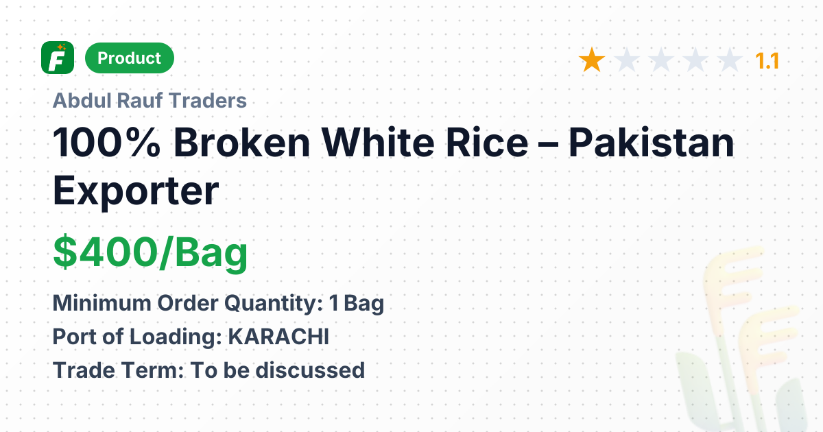 100% Broken White Rice – product summary card, no photo uploaded yet