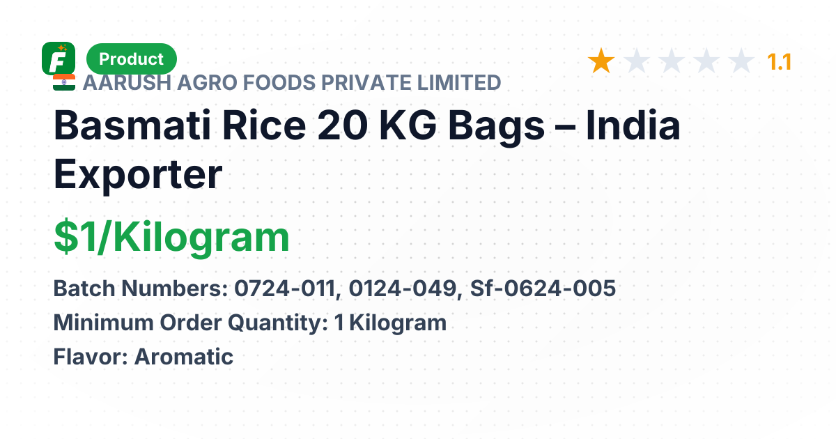 Basmati Rice 20 KG Bags – product summary card, no photo uploaded yet