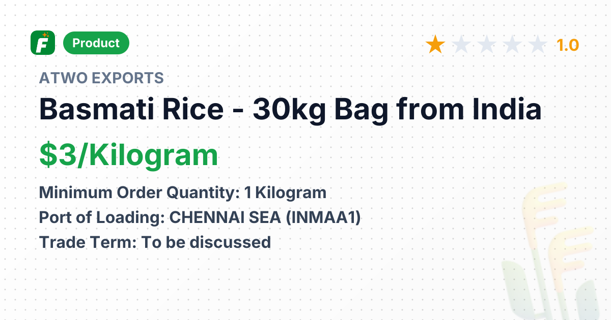 Basmati Rice - 30kg Bag – product summary card, no photo uploaded yet