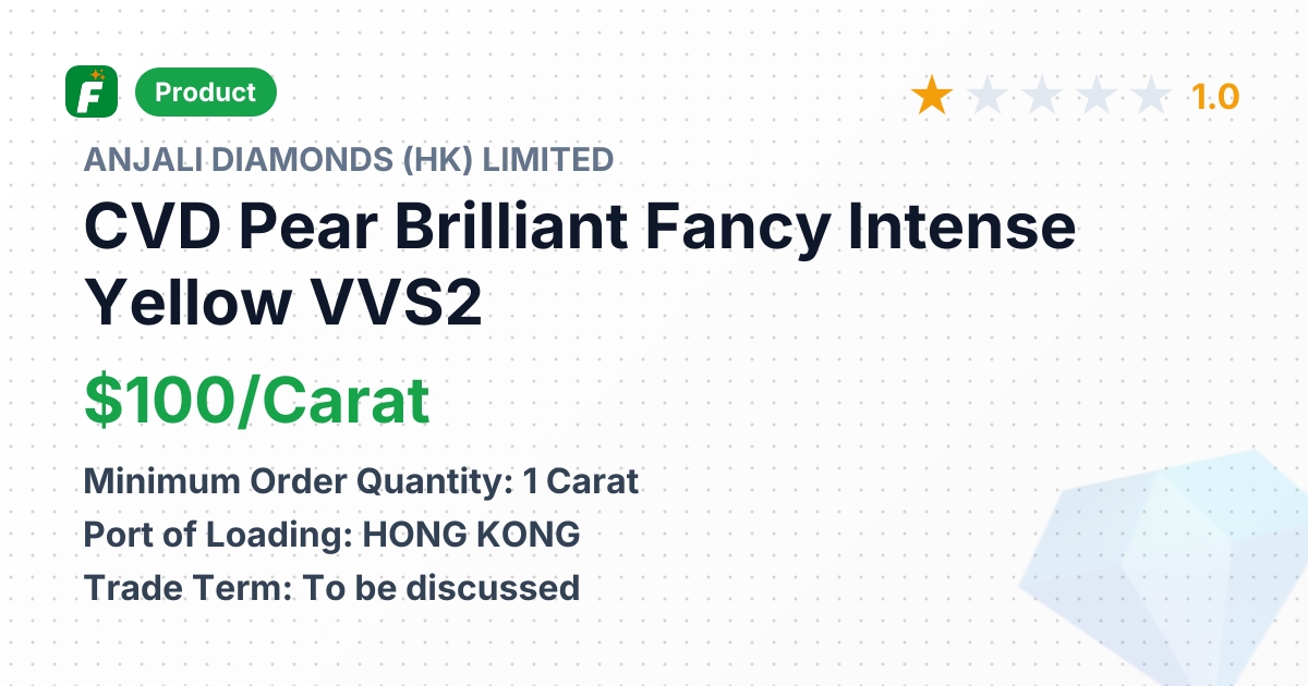 CVD Pear Brilliant Fancy Intense Yellow VVS2 – product summary card, no photo uploaded yet