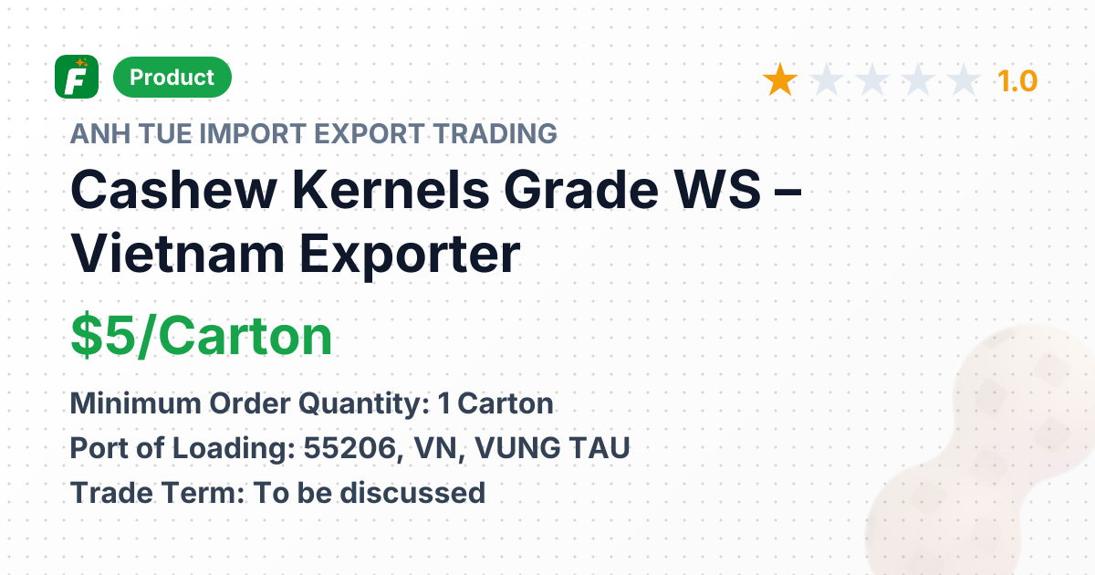 Cashew Kernels Grade WS – product summary card, no photo uploaded yet