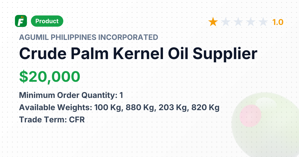 Crude Palm Kernel Oil (CPKO) – product summary card, no photo uploaded yet