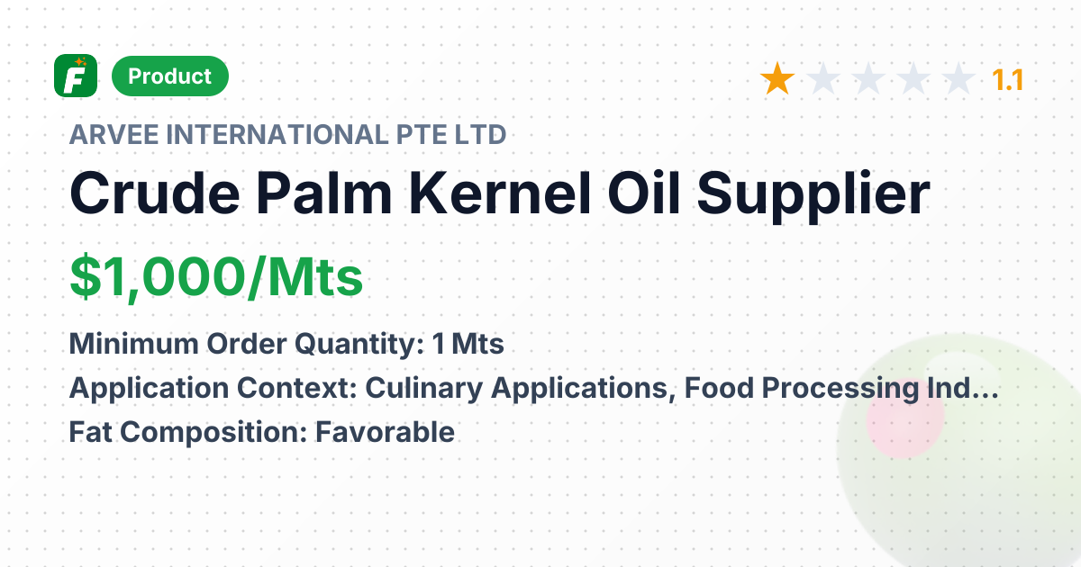 Crude Palm Kernel Oil (Edible Grade) – product summary card, no photo uploaded yet