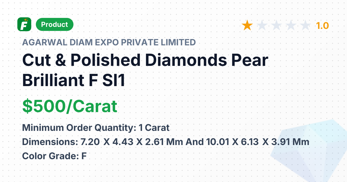 Cut & Polished Diamonds Pear Brilliant F SI1 – product summary card, no photo uploaded yet