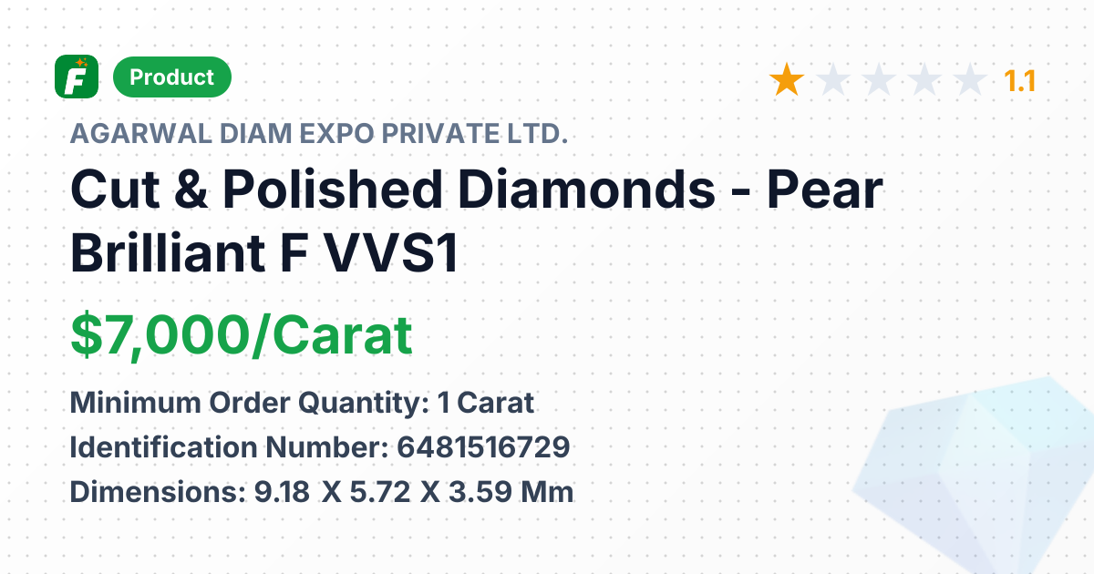 Cut & Polished Diamonds - Pear Brilliant F VVS1 – product summary card, no photo uploaded yet