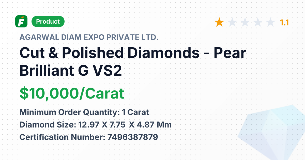 Cut & Polished Diamonds - Pear Brilliant G VS2 – product summary card, no photo uploaded yet