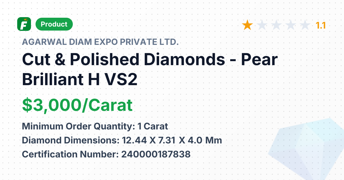 Cut & Polished Diamonds - Pear Brilliant H VS2 – product summary card, no photo uploaded yet