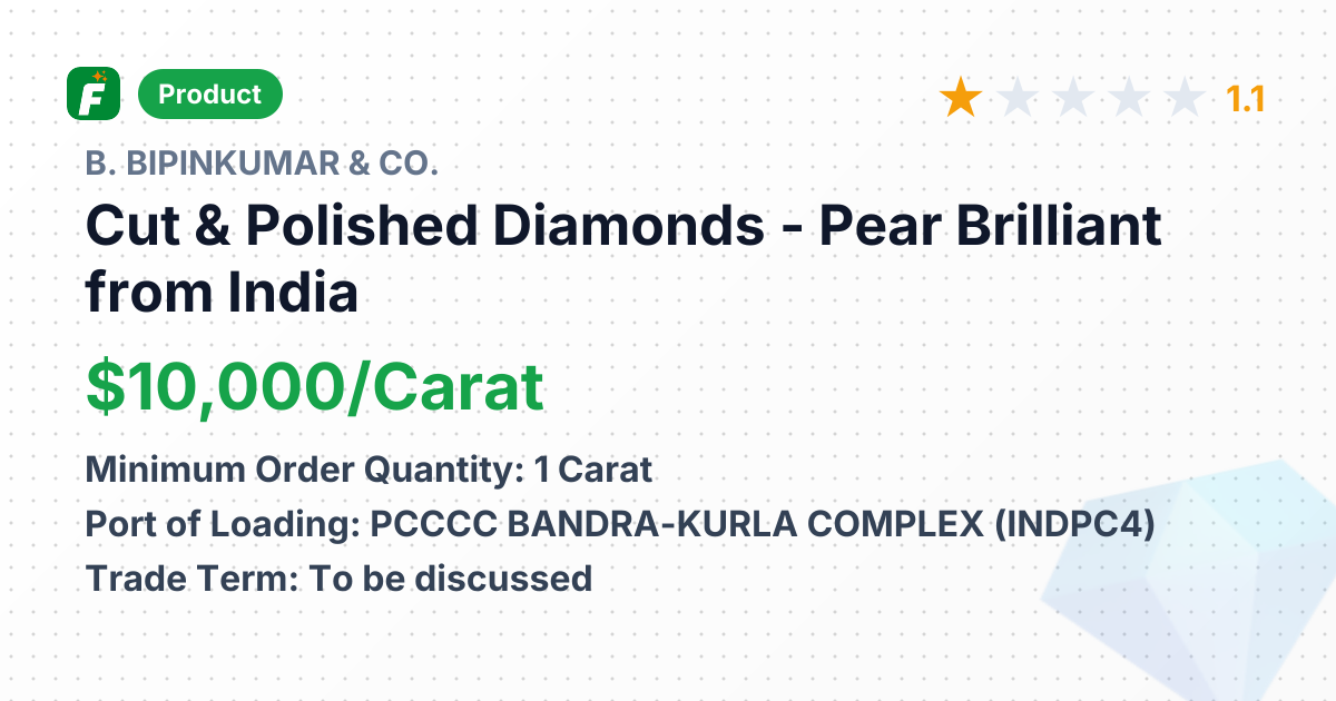 Cut & Polished Diamonds - Pear Brilliant – product summary card, no photo uploaded yet