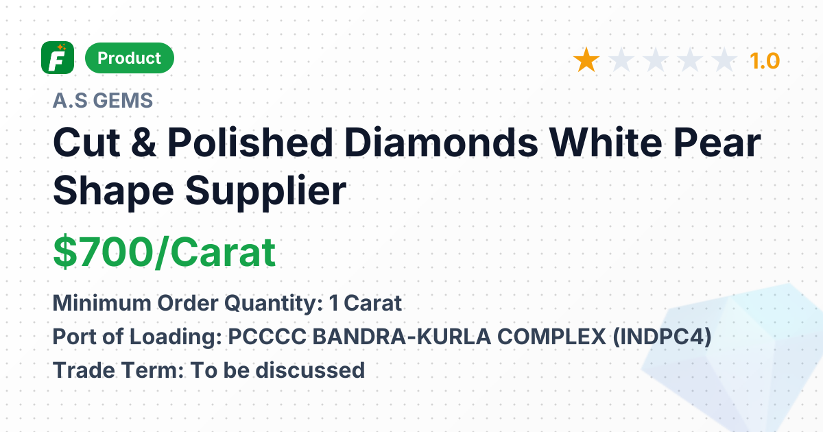 Cut & Polished Diamonds White Pear Shape – product summary card, no photo uploaded yet
