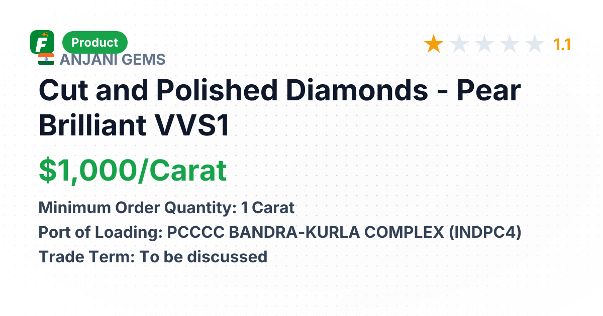 Cut and Polished Diamonds - Pear Brilliant VVS1 – product summary card, no photo uploaded yet