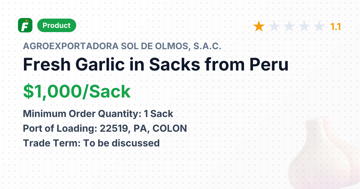 Fresh Garlic in Sacks – product summary card, no photo uploaded yet
