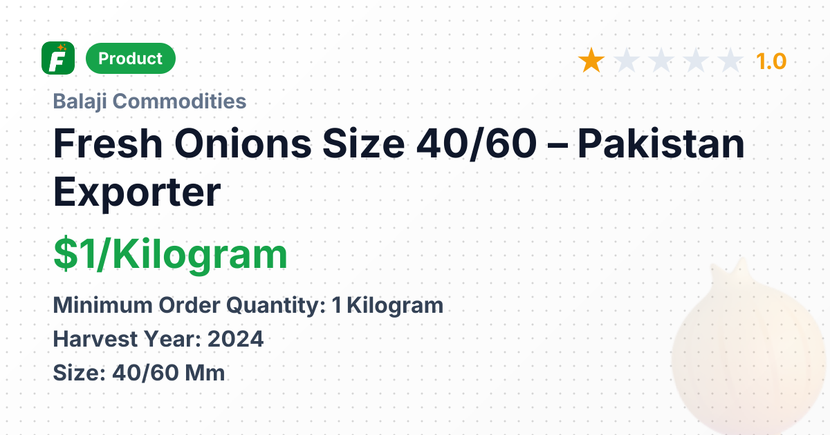 Fresh Onions, Size 40/60 – product summary card, no photo uploaded yet