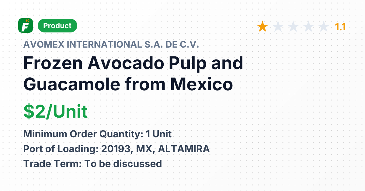 Frozen Avocado Pulp and Guacamole – product summary card, no photo uploaded yet