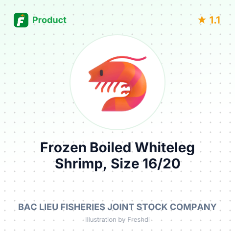 Frozen Boiled Whiteleg Shrimp, Size 16/20 – summary card, no photo uploaded yet