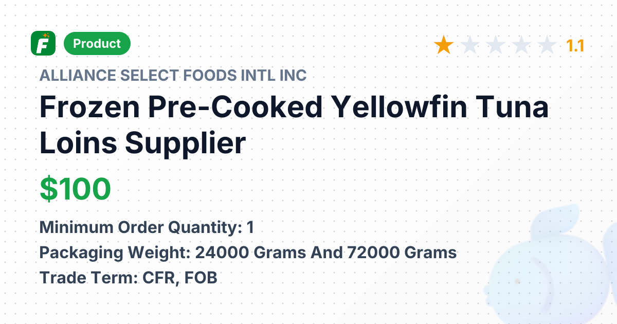 Frozen Pre-Cooked Yellowfin Tuna Loins – product summary card, no photo uploaded yet