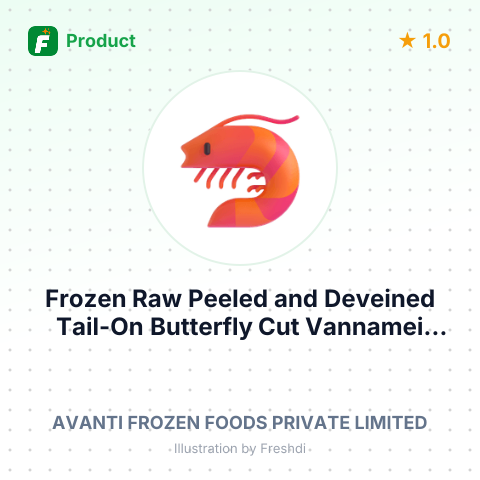 Frozen Raw Peeled and Deveined Tail-On Butterfly Cut Vannamei Shrimps IQF – summary card, no photo uploaded yet
