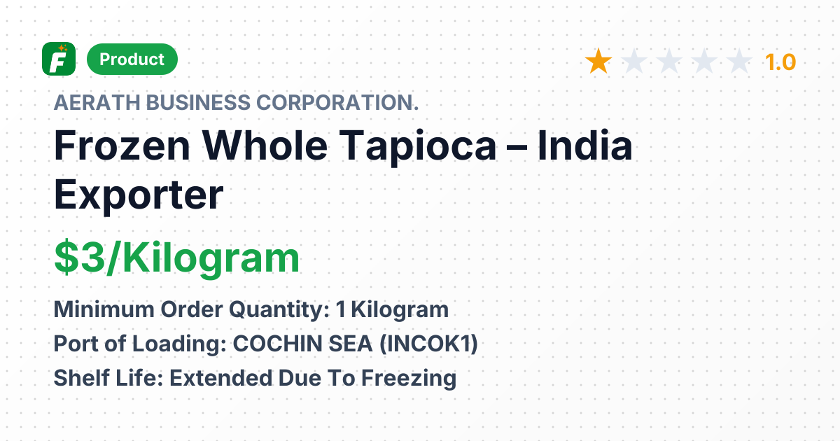 Frozen Whole Tapioca (Manioc Cassava) – product summary card, no photo uploaded yet