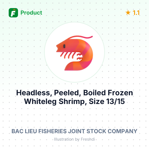 Headless, Peeled, Boiled Frozen Whiteleg Shrimp, Size 13/15 – summary card, no photo uploaded yet