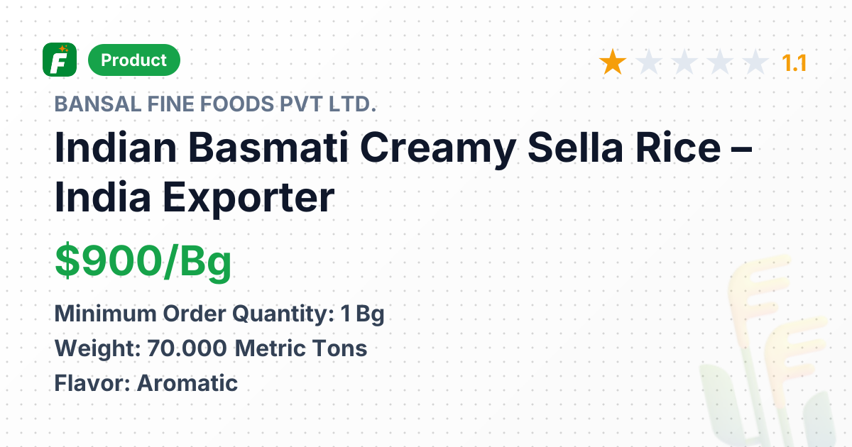 Indian Basmati Creamy Sella Rice – product summary card, no photo uploaded yet