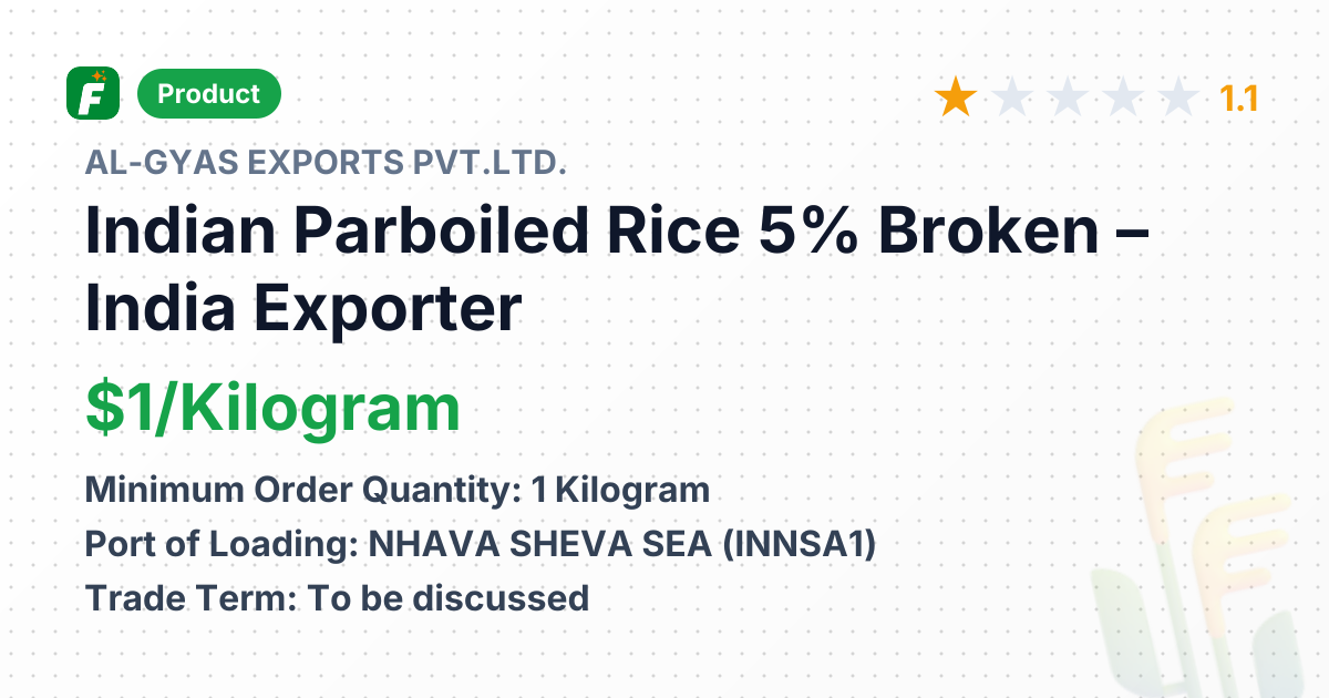 Indian Parboiled Rice, 5% Broken – product summary card, no photo uploaded yet