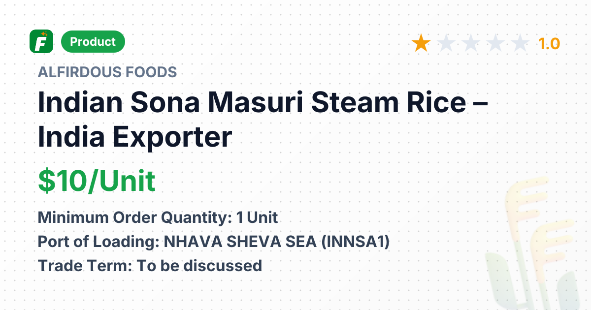 Indian Sona Masuri Steam Rice – product summary card, no photo uploaded yet