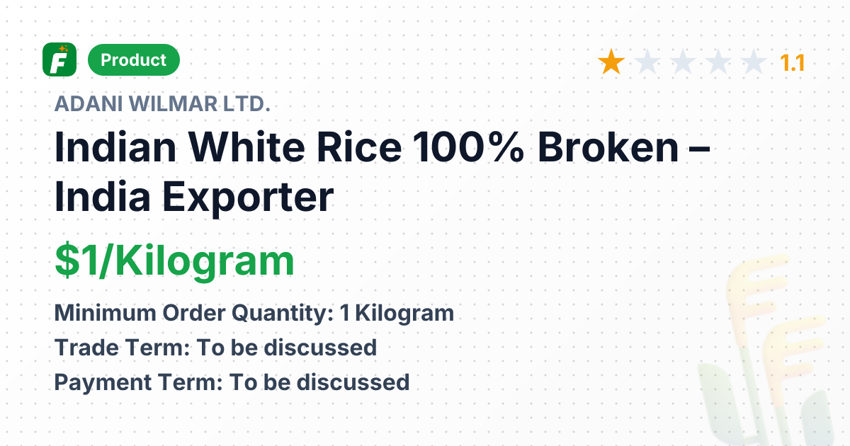 Indian White Rice 100% Broken – product summary card, no photo uploaded yet