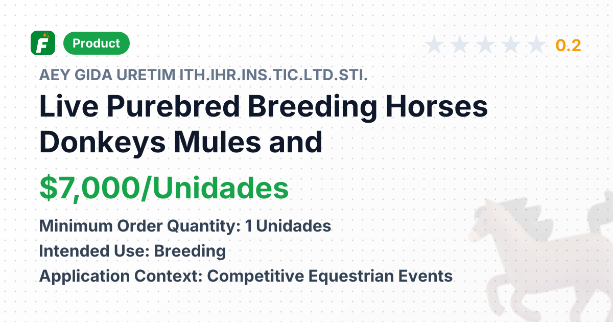 Live Purebred Breeding Horses, Donkeys, Mules, and Burdeganos – product summary card, no photo uploaded yet