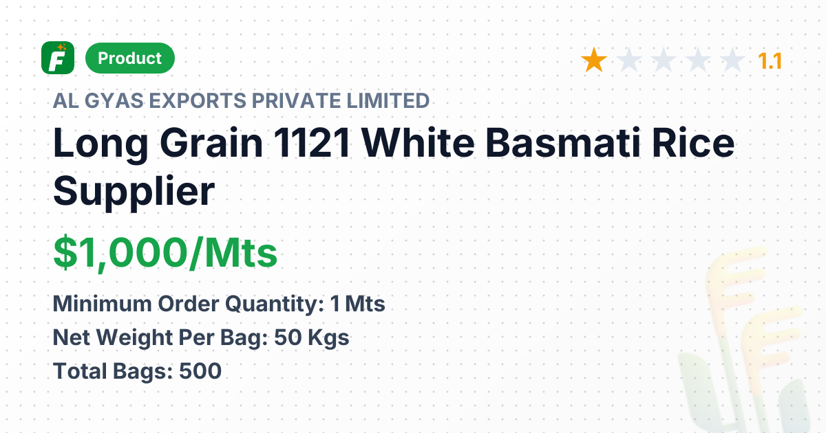 Long Grain 1121 White Basmati Rice – product summary card, no photo uploaded yet