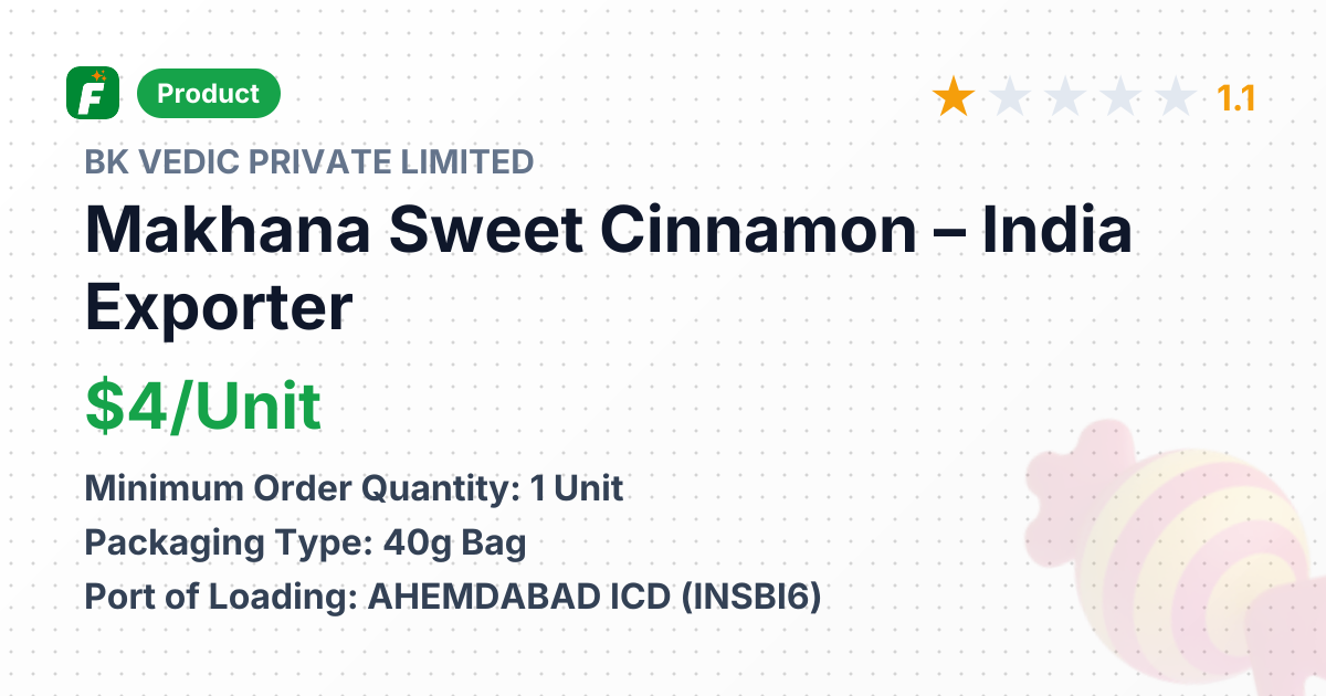 Makhana Sweet Cinnamon – product summary card, no photo uploaded yet