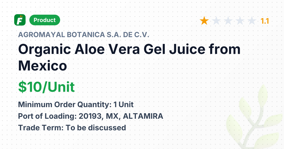 Organic Aloe Vera Gel Juice – product summary card, no photo uploaded yet