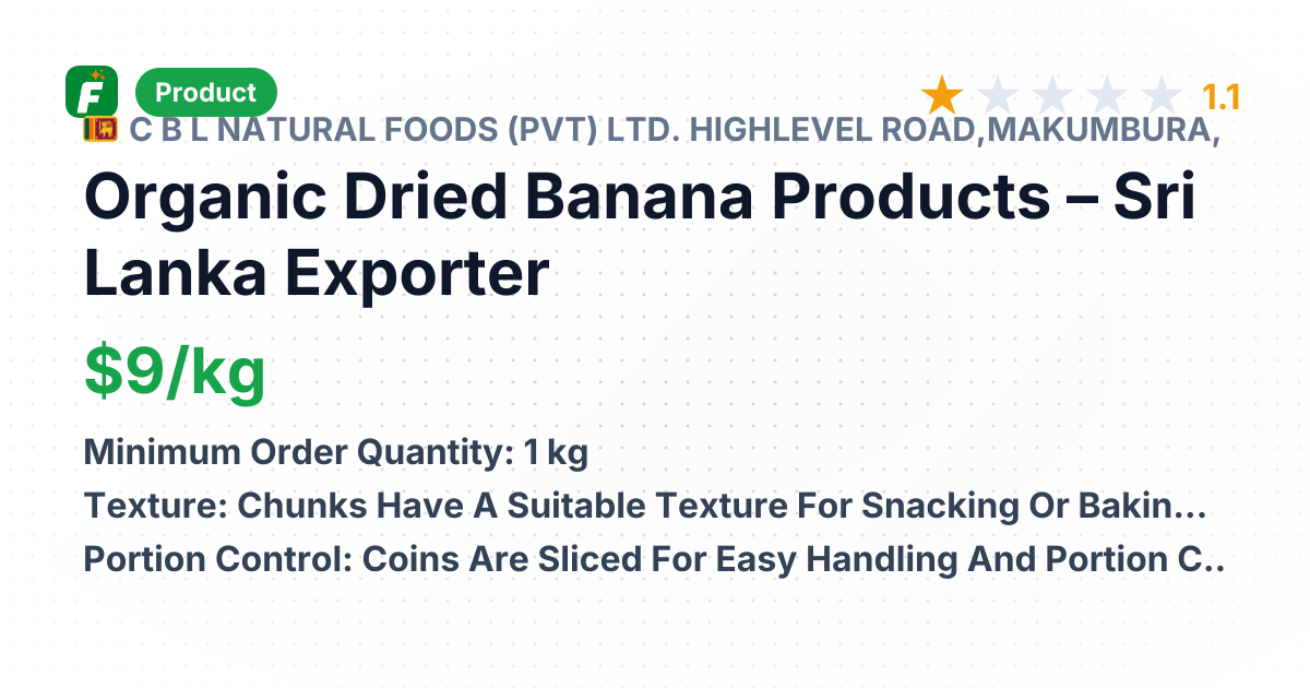 Organic Dried Banana Products – product summary card, no photo uploaded yet