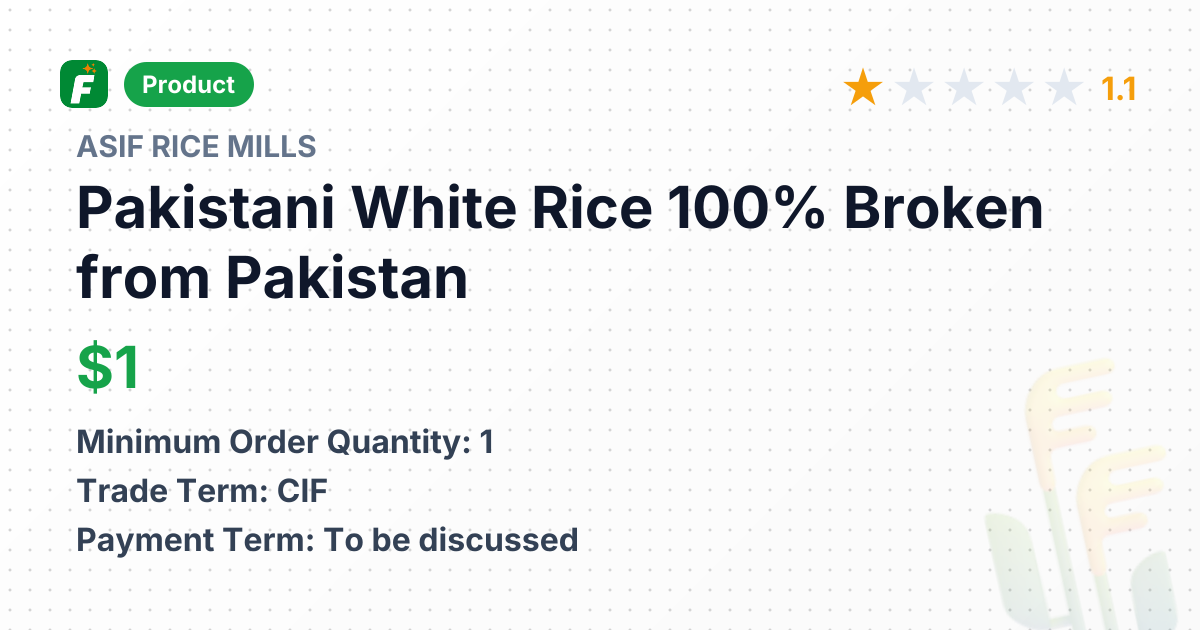 Pakistani White Rice 100% Broken – product summary card, no photo uploaded yet