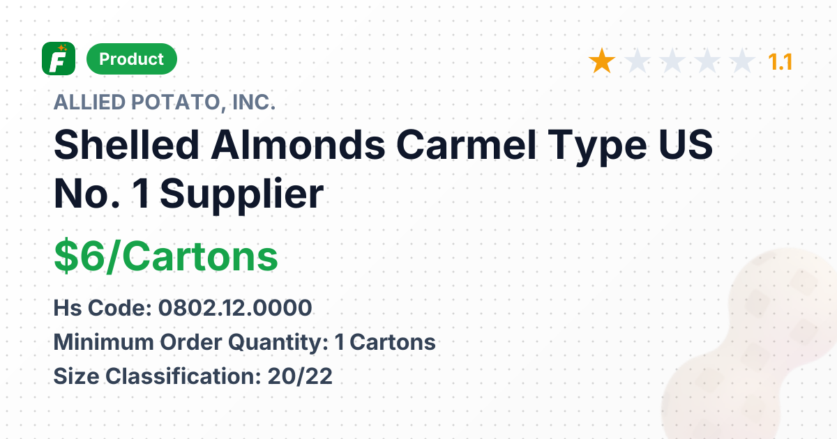 Shelled Almonds, Carmel Type, US No. 1 – product summary card, no photo uploaded yet