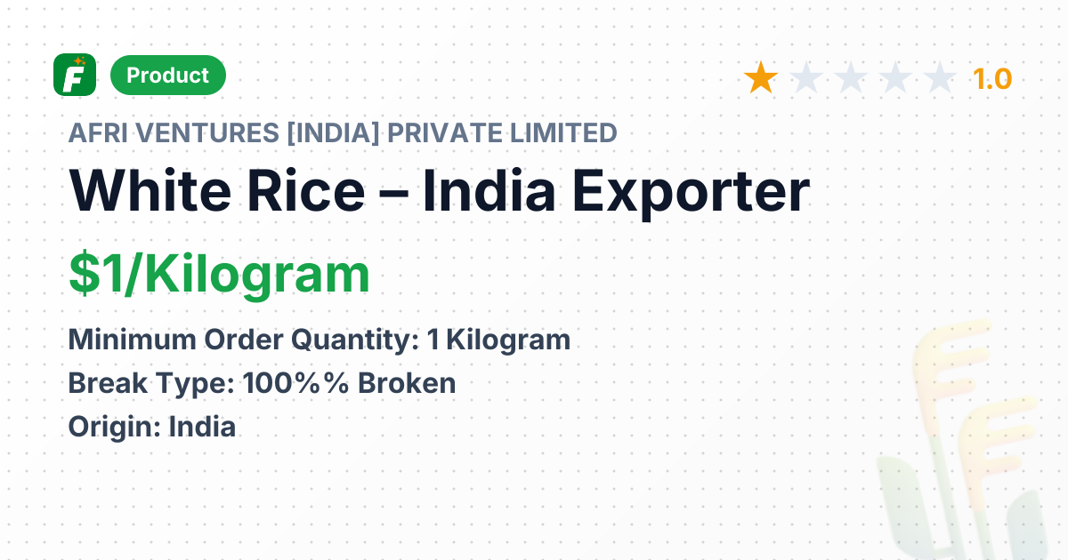 White Rice (100% Broken) – product summary card, no photo uploaded yet