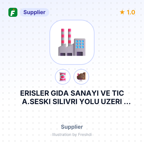 ERISLER GIDA SANAYI VE TIC A.SESKI SILIVRI YOLU UZERI N0.58MIMARSINAN BUYUKCEKMECEINSTANBUL TURKEY – summary card, no photo uploaded yet