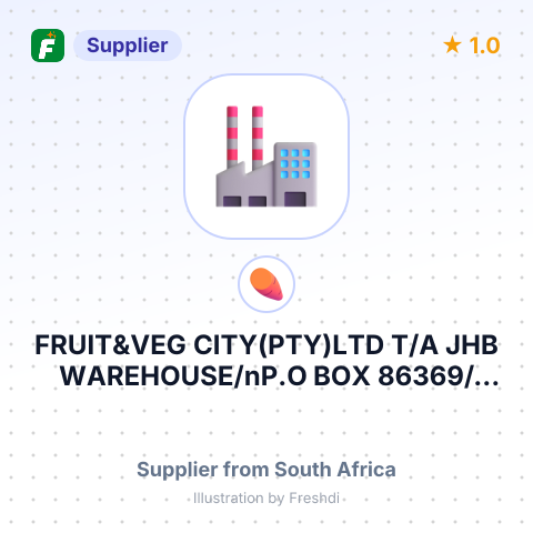 FRUIT&VEG CITY(PTY)LTD T/A JHB WAREHOUSE/nP.O BOX 86369/nCITY DEEP/n2049/nSOUTH – summary card, no photo uploaded yet