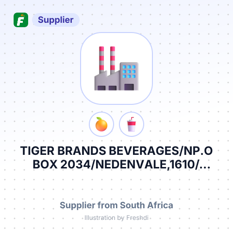 TIGER BRANDS BEVERAGES/NP.O BOX 2034/NEDENVALE,1610/NSOUTH AFRICA – summary card, no photo uploaded yet